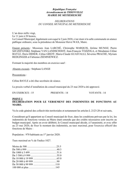 République Française Arrondissement De THIONVILLE MAIRIE DE METZERESCHE DELIBERATIONS DU CONSEIL MUNICIPAL DE METZERESCHE