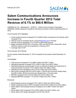 Salem Communications Announces Increase in Fourth Quarter 2012 Total Revenue of 6.1% to $60.6 Million