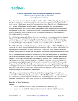 Comparing the Dolch and Fry High Frequency Word Lists by Linda Farrell, Tina Osenga, and Michael Hunter Founding Partners, Readsters