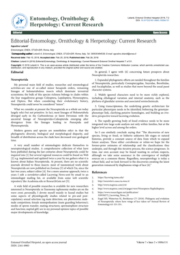 Editorial-Entomology, Ornithology & Herpetology: Current Research
