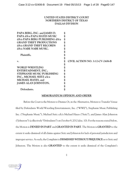 UNITED STATES DISTRICT COURT NORTHERN DISTRICT of TEXAS DALLAS DIVISION PAPA BERG, INC. and JAMES D. § PAPA D/B/A PAPA HAYES MU