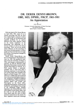 DR. DEREK DENNY-BROWN, OBE, MD, DPHIL, FRCP, 1901-1981 an Appreciation by R.W