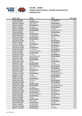 EHC BIEL - BIENNE Spielplan Meisterschaft NLA / Calendrier Championnat LNA SAISON 2021/22