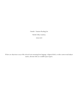 Outside / Summer Reading List Hardin Valley Academy 2018-2019 If There Are Objections to Any of the Selected Texts Stemming From