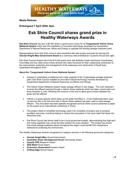 Esk Shire Council (Australia) Shares Grand Prize in Healthy Waterways