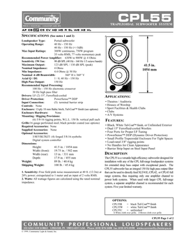 Community CPL55 Dual 15-Inch Subwoofer Data Sheet Data Sheets