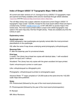 Index of Oregon USGS 7.5' Topographic Maps 1949 to 2009