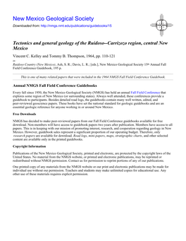 Tectonics and General Geology of the Ruidoso--Carrizozo Region, Central New Mexico Vincent C