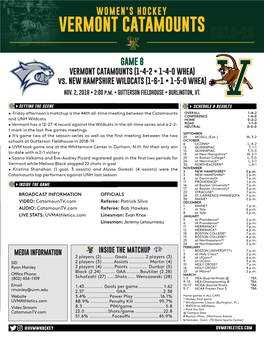 GAME 8 VERMONT CATAMOUNTS (1-4-2 • 1-4-0 WHEA) Vs