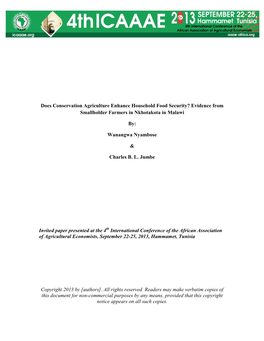 Does Conservation Agriculture Enhance Household Food Security? Evidence from Smallholder Farmers in Nkhotakota in Malawi