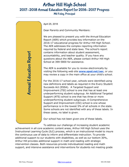 Arthur Hill High School 2017-2018 Annual Education Report for 2016-2017 Progress Mit Foley, Principal