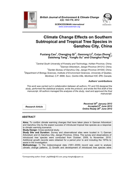Climate Change Effects on Southern Subtropical and Tropical Tree Species in Ganzhou City, China