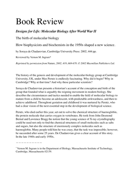 Book Review Designs for Life: Molecular Biology After World War II the Birth of Molecular Biology How Biophysicists and Biochemists in the 1950S Shaped a New Science