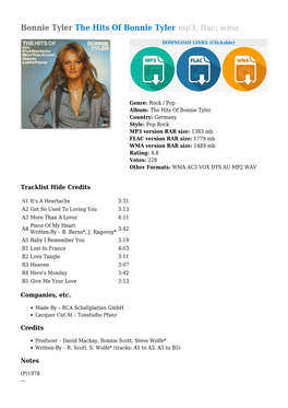 Bonnie Tyler the Hits of Bonnie Tyler Mp3, Flac, Wma