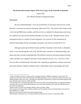 The Social and Economic Impact of the Stax Legacy on the Soulsville Community Joshua Cape 2011 Rhodes Institute for Regional Studies Introduction