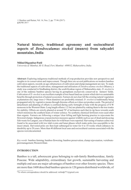Natural History, Traditional Agronomy and Sociocultural Aspects of Dendrocalamus Stocksii (Munro) from Sahyadri Mountains, India