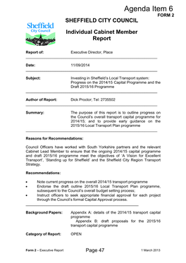 Agenda Item 6 FORM 2 SHEFFIELD CITY COUNCIL