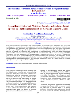 Avian Flower Visitors of Helicteres Isora L. a Deciduous Forest Species in Thathengalam Forest of Kerala in Western Ghats