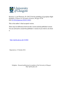 Houston, S. and Thomson, D. (2017) on the Modelling of Gyroplane Flight Dynamics