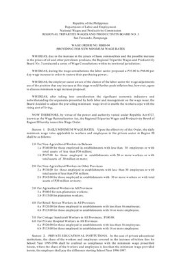 Republic of the Philippines Department of Labor and Employment National Wages and Productivity Commission REGIONAL TRIPARTITE WAGES and PRODUCTIVITY BOARD NO