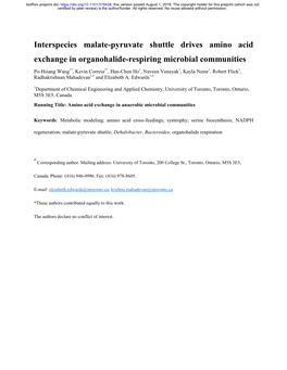 Interspecies Malate-Pyruvate Shuttle Drives Amino Acid Exchange in Organohalide-Respiring Microbial Communities