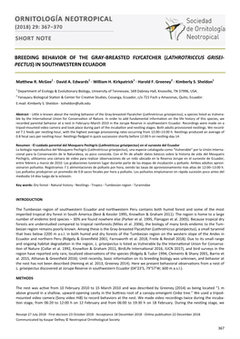 Breeding Behavior of the Gray-Breasted Flycatcher (Lathrotriccus Grisei- Pectus) in Southwestern Ecuador