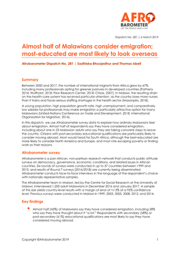 Almost Half of Malawians Consider Emigration; Most-Educated Are Most Likely to Look Overseas