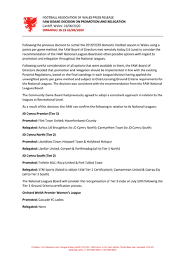 FOOTBALL ASSOCIATION of WALES PRESS RELEASE FAW BOARD DECISION on PROMOTION and RELEGATION Cardiff, Wales: 16/06/2020 EMBARGO 16:15 16/06/2020