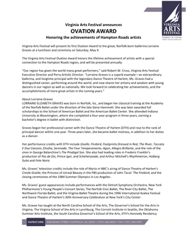 OVATION AWARD Honoring the Achievements of Hampton Roads Artists