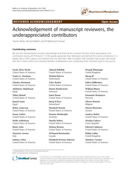 Acknowledgement of Manuscript Reviewers, the Underappreciated Contributors Yasmin Mulla, Ahmed Bakillah and M Mahmood Hussain*