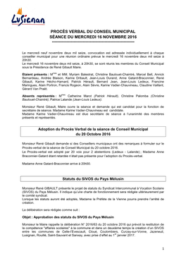 Procès Verbal Du Conseil Municipal Séance Du Mercredi 16 Novembre 2016