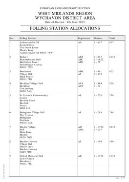 WEST MIDLANDS REGION WYCHAVON DISTRICT AREA ______Date of Election : 4Th June 2009 ______POLLING STATION ALLOCATIONS