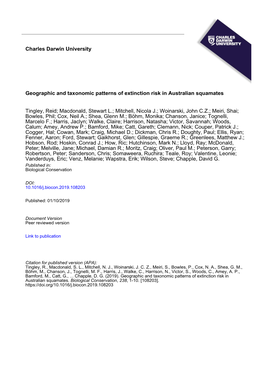 Charles Darwin University Geographic and Taxonomic Patterns of Extinction Risk in Australian Squamates Tingley, Reid; Macdonald