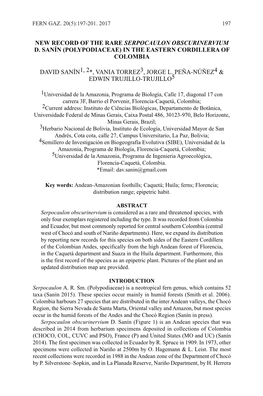 New Record of the Rare Serpocaulon Obscurinervium D. Sanín (Polypodiaceae) in the Eastern Cordillera of Colombia David Sanín1