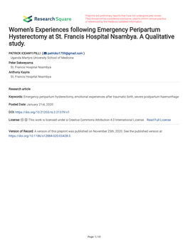 Women's Experiences Following Emergency Peripartum Hysterectomy at St. Francis Hospital Nsambya. a Qualitative Study