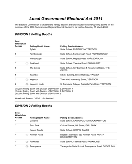 Polling Booths for the Purposes of the 2008 Rockhampton Regional Council Election to Be Held on Saturday 15 March 2008