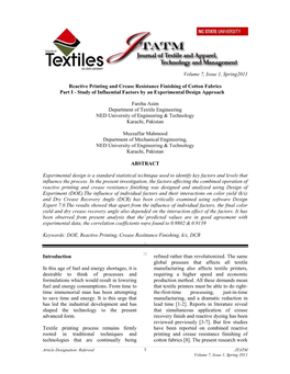 Reactive Printing and Crease Resistance Finishing of Cotton Fabrics Part I - Study of Influential Factors by an Experimental Design Approach