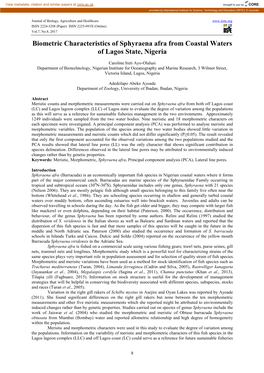 Biometric Characteristics of Sphyraena Afra from Coastal Waters of Lagos State, Nigeria