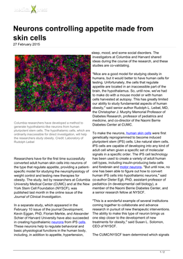 Neurons Controlling Appetite Made from Skin Cells 27 February 2015