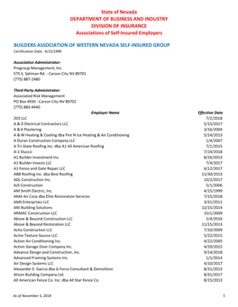 State of Nevada DEPARTMENT of BUSINESS and INDUSTRY DIVISION of INSURANCE Associations of Self-Insured Employers BUILDERS ASSOCI