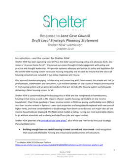 Response to Lane Cove Council Draft Local Strategic Planning Statement Shelter NSW Submission October 2019