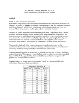 BE.342/442 Tuesday, October 20, 2005 Topic: Biomineralization and Sea Creatures