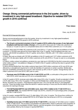 Orange :Strong Commercial Performance in the 2Nd Quarter, Driven by Investment in Very High-Speed Broadband