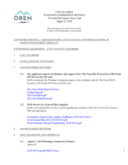 CITY of OREM PLANNING COMMISSION MEETING 56 North State Street, Orem, Utah August 22, 2018