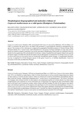 Morphological, Biogeographical and Molecular Evidence of Carpocoris Mediterraneus As a Valid Species (Hemiptera: Pentatomidae)