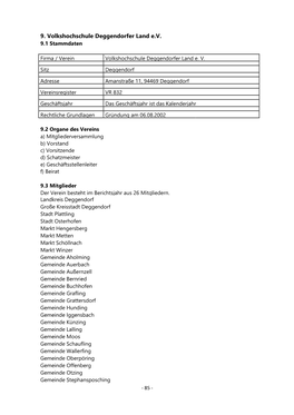 9. Volkshochschule Deggendorfer Land E.V. 9.1 Stammdaten