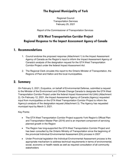 GTA West Transportation Corridor Project Regional Response to the Impact Assessment Agency of Canada