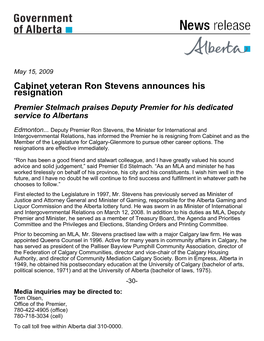Cabinet Veteran Ron Stevens Announces His Resignation Premier Stelmach Praises Deputy Premier for His Dedicated Service to Albertans
