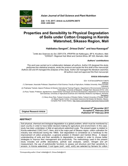 Properties and Sensibility to Physical Degradation of Soils Under Cotton Cropping in Korola Watershed, Sikasso Region, Mali
