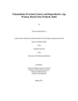 Telemedicine Provision Centers and Reproductive Age Women, Rural Uttar Pradesh, India